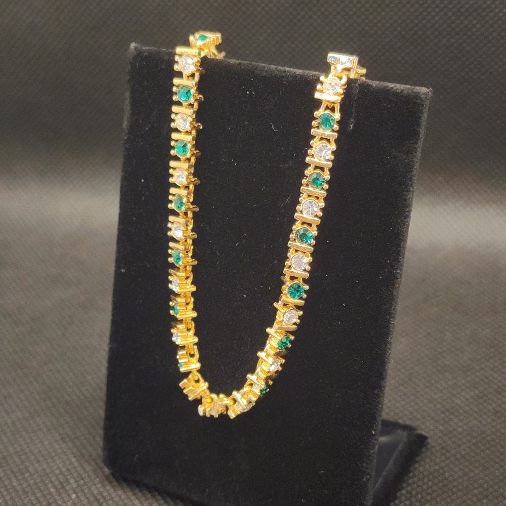Vintage Tennis Bracelet Emerald And White Crystal Gold 8" - Picture 4 of 5